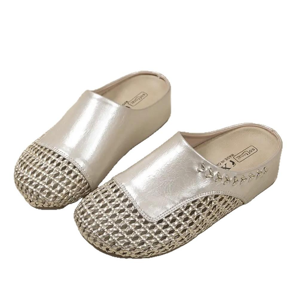 Retro flat-bottomed bag head wearing cool slippers women's 2025 summer height increase hollow half slippers woven breathable shoes