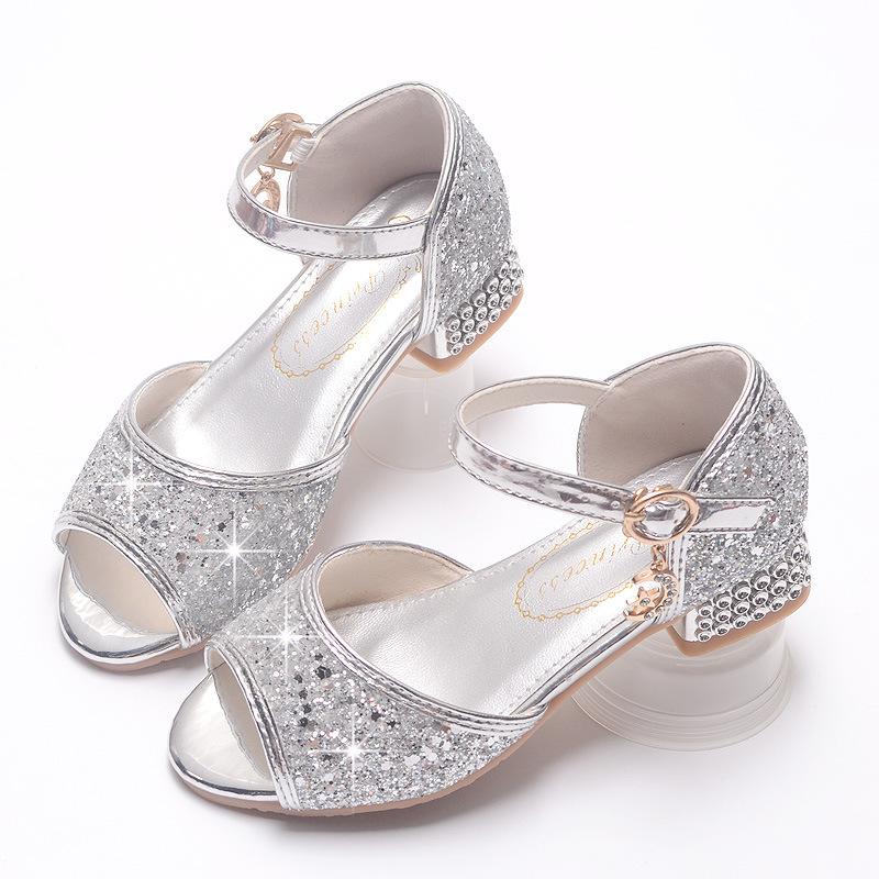 New Girls  Sandals Elsa Princess Shoes Frozen Children s High Heels Model Show Crystal Leather Shoes 26Code/17.5cm серебряный