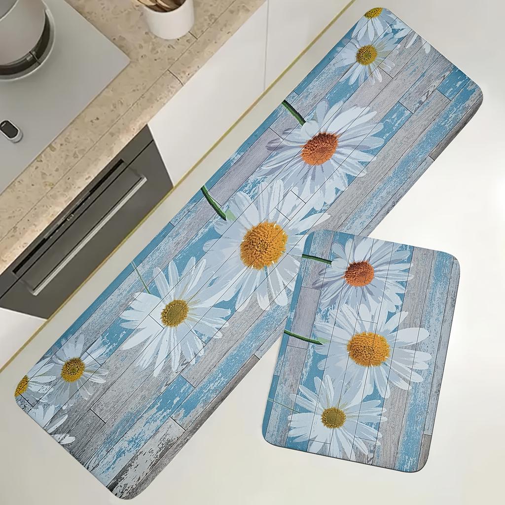 1Pcs Anti Fatigue Kitchen Rugs,  Small Daisy Print Waterproof Non-Slip Thick Cushioned Kitchen Mat Heavy Duty Comfort Standing Mat for Kitchen