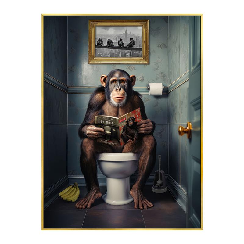 Zabawny plakat z krową szkocką, szympansem i psem Dekoracja toalety łazienki Zwierzę czytające gazetę Obraz na płótnie Sztuka ścienna Obrazy Dekoracja domu