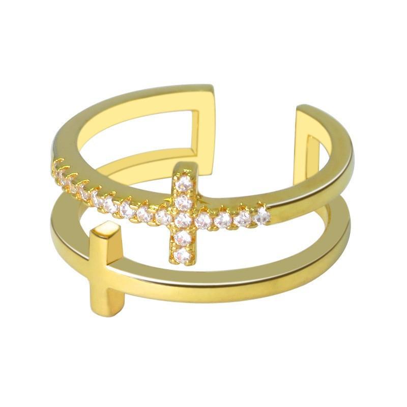 Japanese and Korean Trend Double-layer Cross Ring, Women s Fashion Zircon Opening Adjustable Ring Jewelry 2026 Resizable золотой