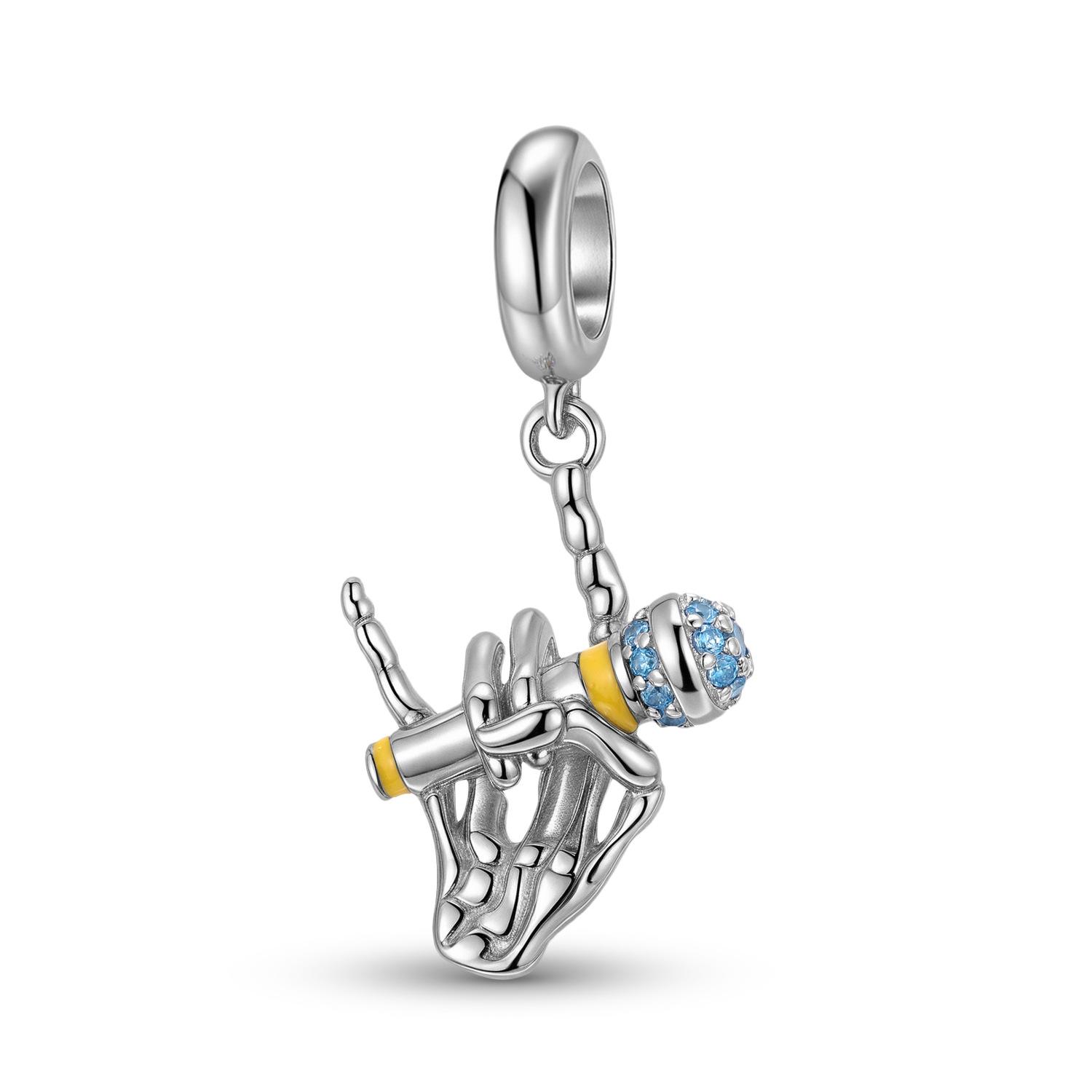S925 sterling silver skeleton hand ROCK microphone pendant niche design sense personalized bracelet DIY jewelry accessories S925 sterling silver