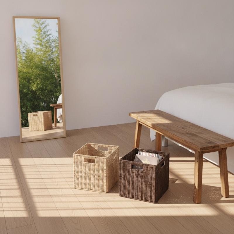 1Pcs Square Woven Storage Basket With Handle Foldable Paper Rope Organizer Bin For Home Closet Shelf Household Storage