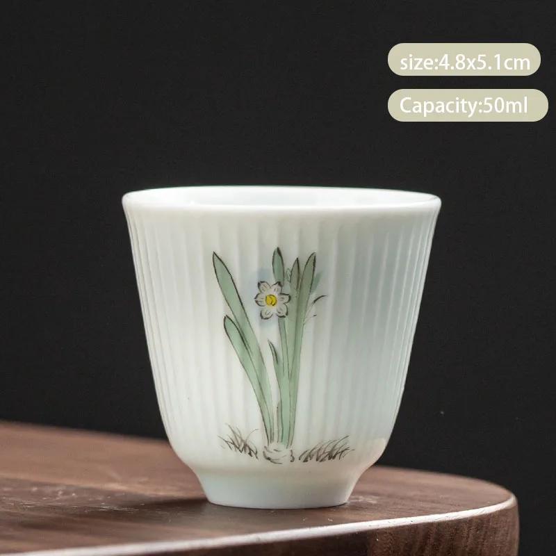 1 Pcs Chinese Handmade Ceramic Teacup Exquisite Hand-painted Flowers Tea Bowl Meditation Cup Porcelain Tea Set Master Cup