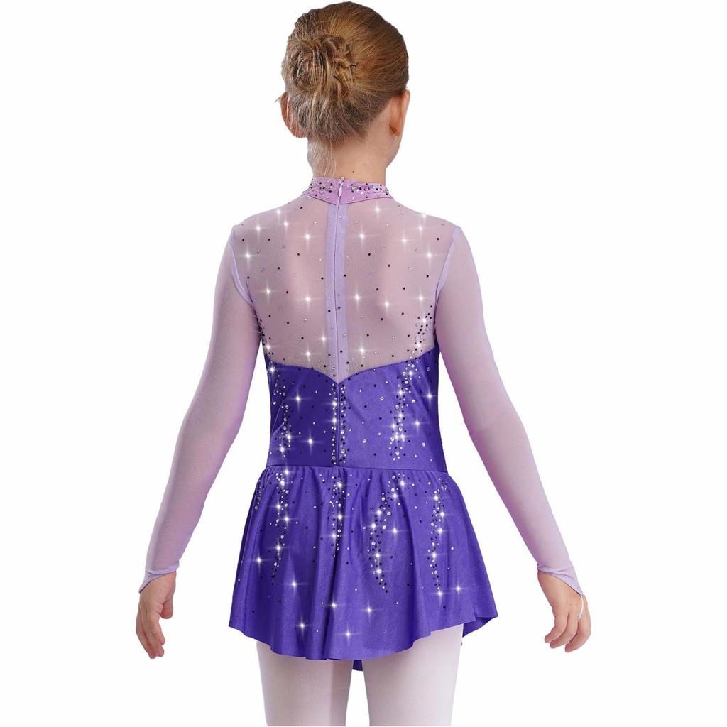 Jenter Skøytekjoler Dansedrakter Mock Neck Langermet Fargeblokk Gjennomsiktig Mesh Patchwork Skinnende Rhinestones Kjole