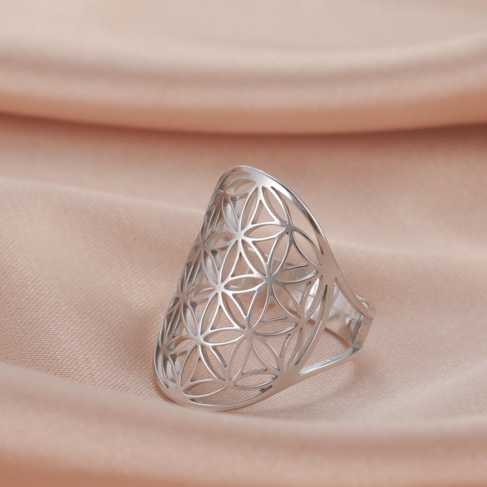 Stainless Steel Flower Of Life Ring Hollow Archangel Amulet Adjustable Ring For Women Sacred Geometry Wicca Jewelery Gift