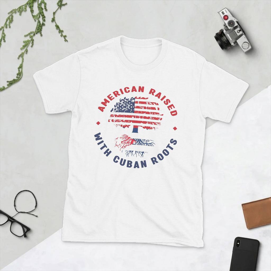 Unisexs TShirts American Raised with Cuban By Roots Vintage Cotton Tee Shirt Short Sleeve T Shirt Round Collar Tops Gift Idea