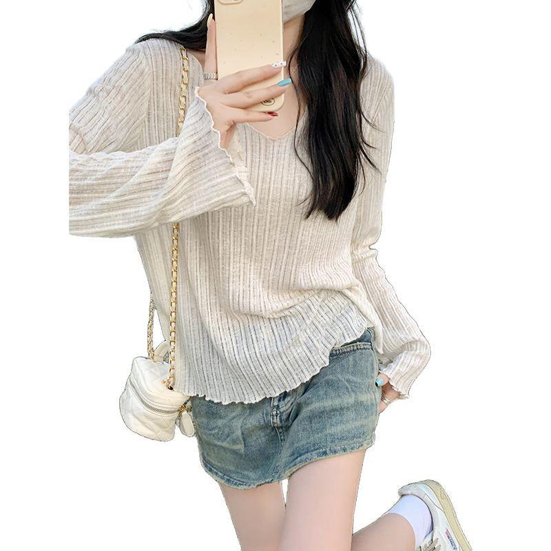 Summer Micro-Sheer Ruffle V-Neck Cardigan: Women's Long-Sleeve Loose Fit Lightweight Outerwear.