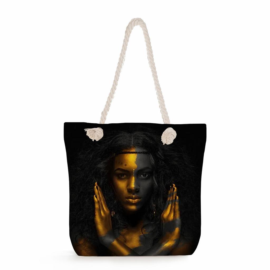 Multifunctional Cool Black People Printed Thick Rope Shoulder Beach Bag Casual Large Capacity Handbag 0114