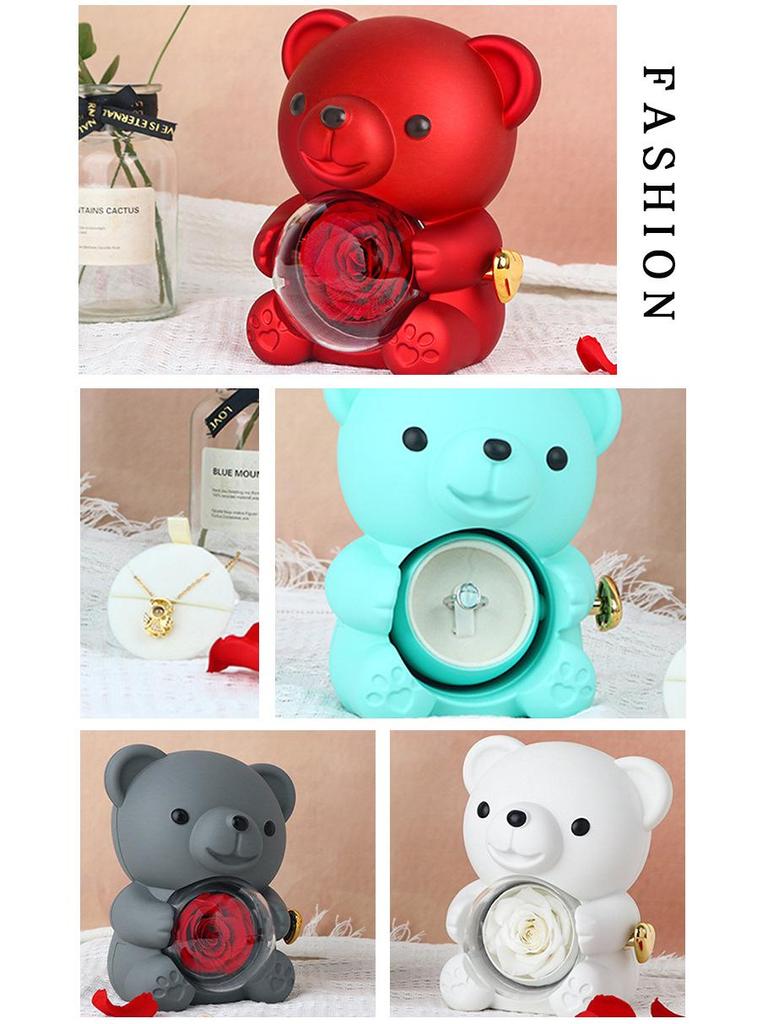 High-Quality Rotating Bear Jewelry Box with Everlasting Flowers - Perfect Valentine's Day Gift