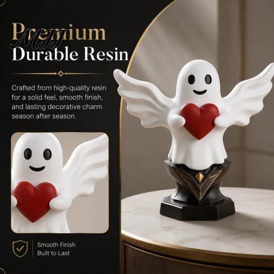 Whimsical Ghost Statue Figurine Angel Statue, Smiling Holding Heart Figurine, Cute Romantic White for Home Sculpture Halloween Valentine's
