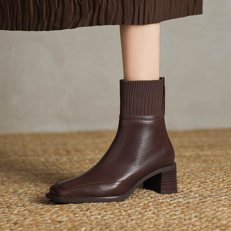 Krazing Pot Sheepskin Autumn Winter Shoes Thick Heels Size 42 Square Toe Zipper Knitwear Vintage Ankle Boots