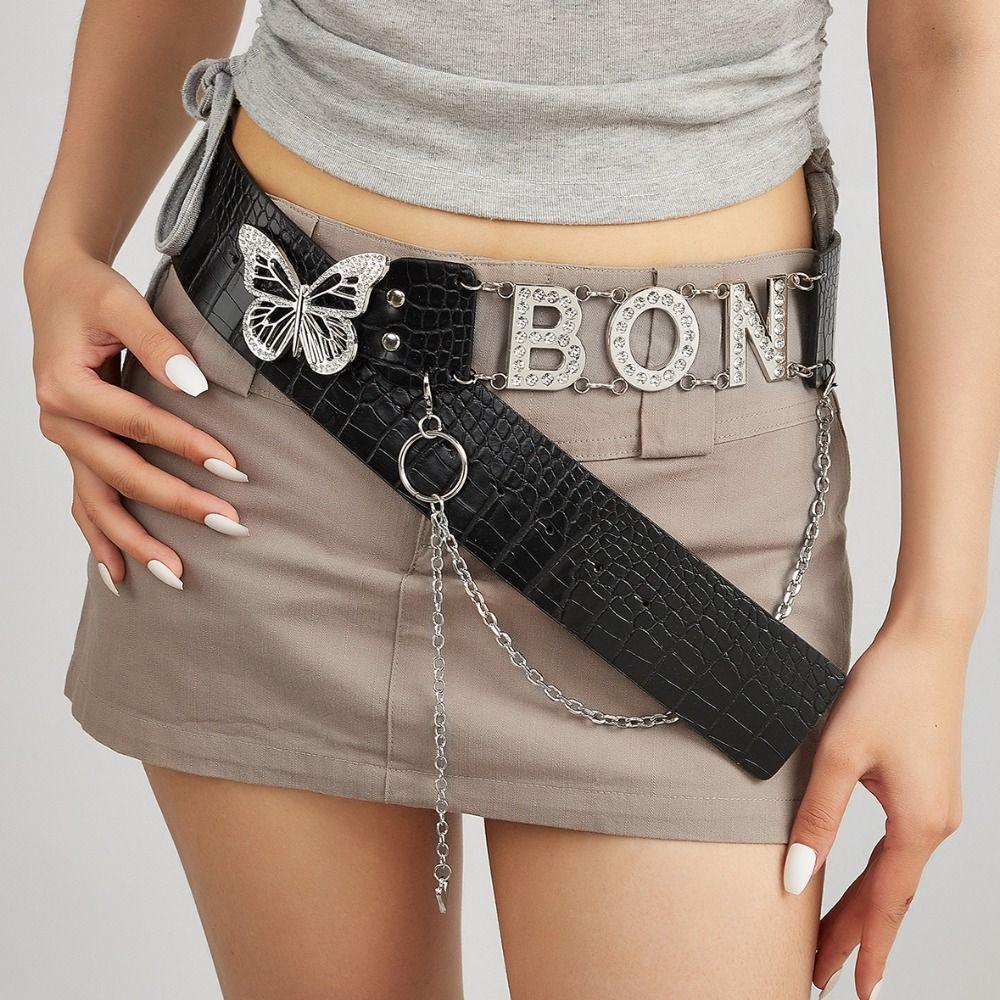 Y2K Rhinestone Belts PU Leather Waistband Simple Butterfly Waist Chain  Skirt Accessories