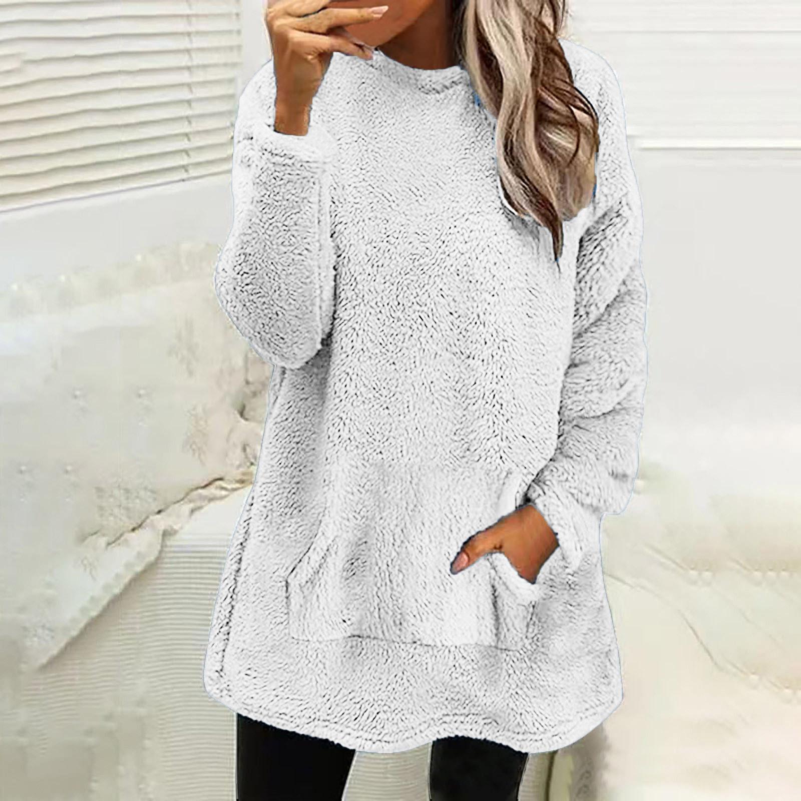 

Женская модная повседневная толстовка с длинным рукавом и карманом из двухстороннего бархата с круглым вырезом XL белый