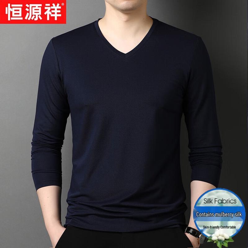 Hangyuanxiang Men's Cotton Silk Blend V-Neck Long Sleeve T-Shirt