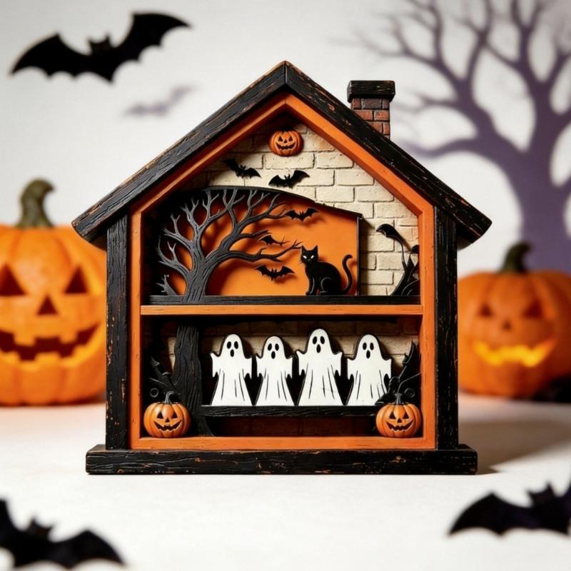 Ghostly Table Signs Halloween Table Centerpieces Tiered Tray Decors Wooden Halloween House Scene Accent for Shelf Use, Standing Indoor Display Piece