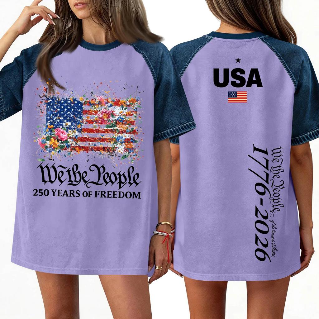 Women's Denim Patchwork Top,  Casual Short-sleeved Comfortable T-shirt,  Fashionable For Spring And Summer.