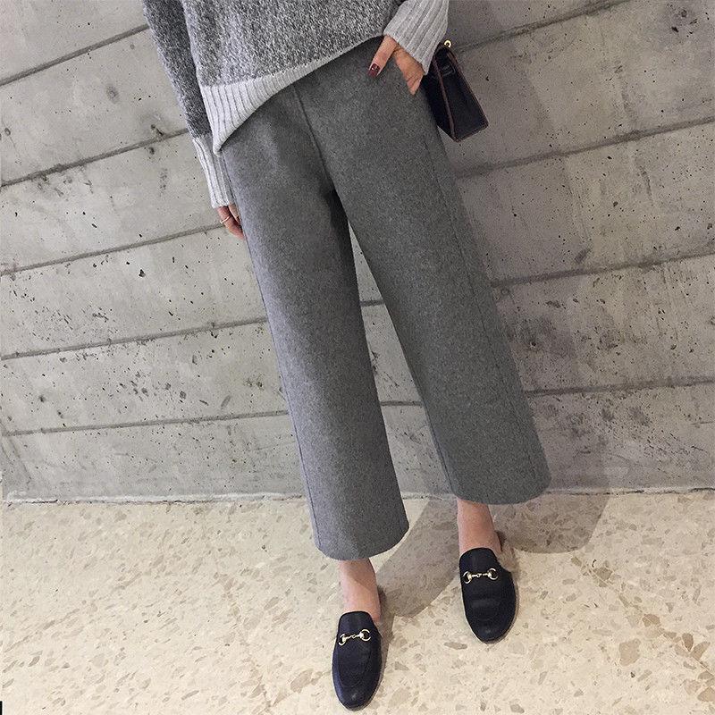 Women's Wool Wide-Leg Nine-Point Pants - Autumn/Winter, Loose, Slimming, Korean Style.