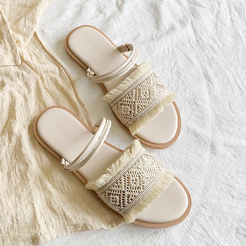 2025 summer new Korean version fashion versatile two wear woven travel vacation beach shoes flat cool slippers outside
