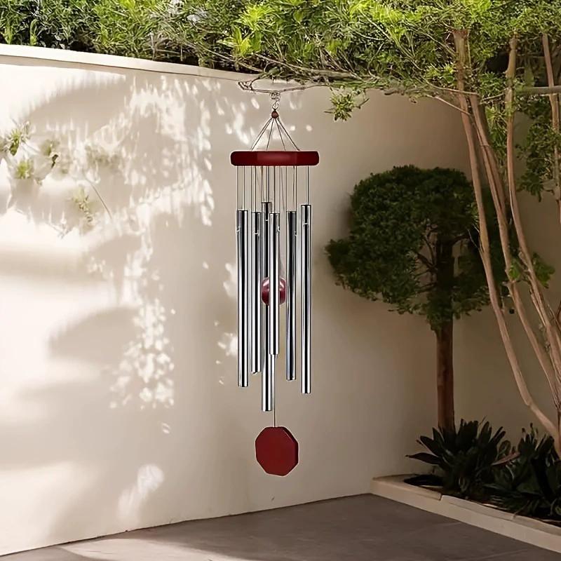 1Pc Wind Chime Octagonal Wood Hang Tag 6 Metal Tubes Courtyard Corridor Balcony Decor Retro Red Wood Aluminum Pipes