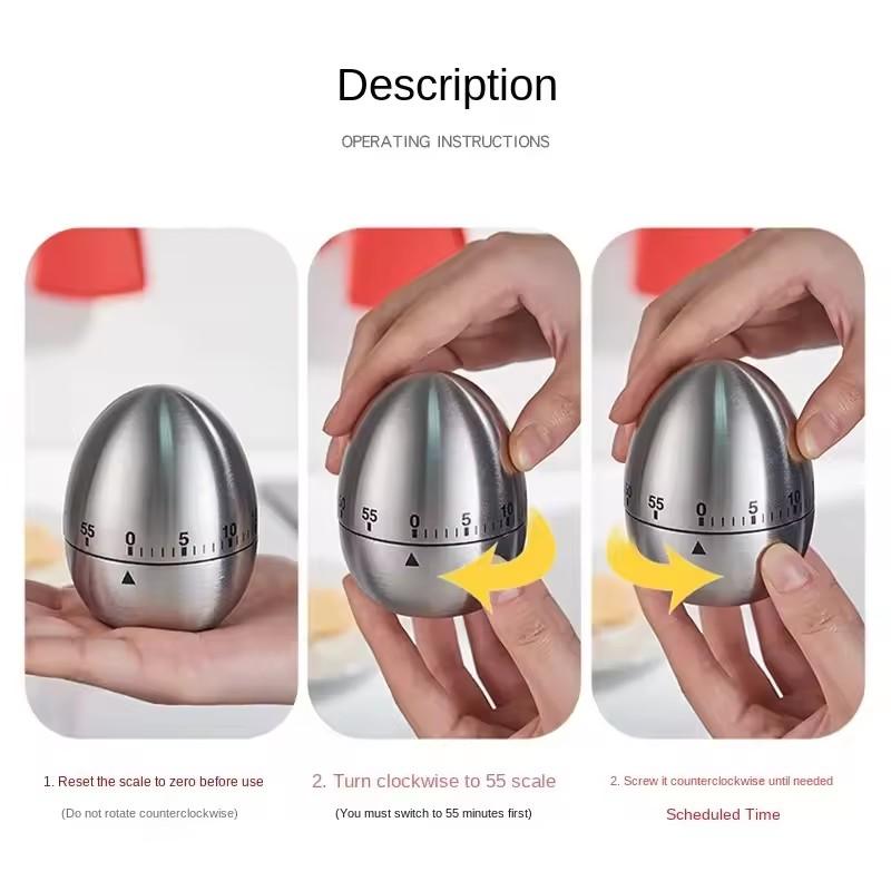 Stainless Steel Egg/Apple Shaped Manual Mechanical Kitchen Timer (battery Free) Countdown Cooking Tool with Loud Sound Reminder