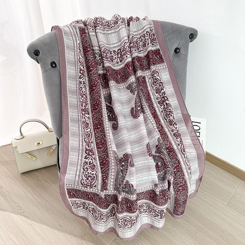 Elegant Women Retro Beach Silk Scarf Striped Print Wrap Shawl Lady Sunscreen Bandanas Hijab Scarve Pareo Headscarf Casual Boho