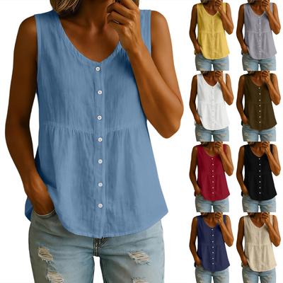 Women's Fashionable V-neck Button Up Sleeveless Loose Fit Summer Casual Shirt Vest Top