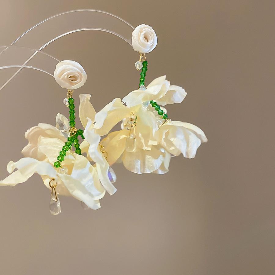 Fabric Flower Glass Bead Fringed Earrings Fashion Super Fairy Stud Earrings Sweet Small Fresh Earrings Women's High Sense