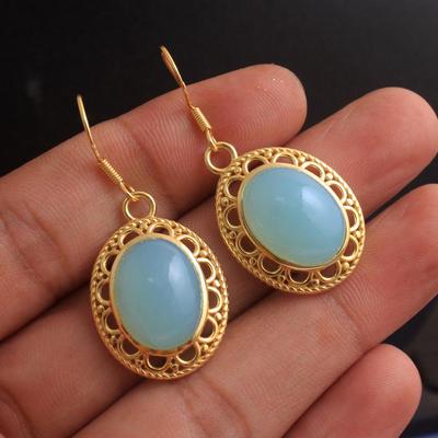 Yellow Gold Plated Aqua Chalcedony Dangle Earring 925 Sterling Silver Women Jewelry