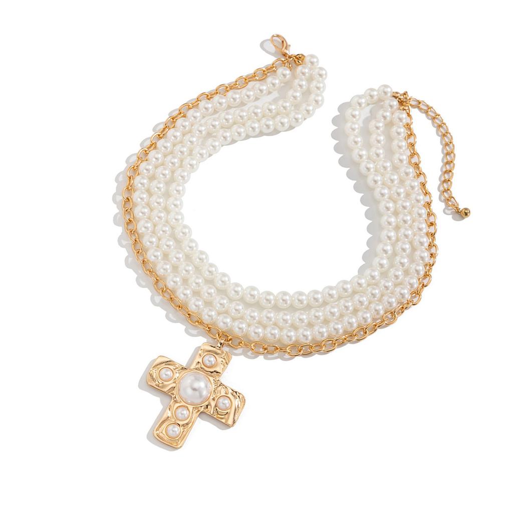 Pearls Crosses Necklace for Women Elegant Gold Layer Choker with Statement Pendant and Buckles Chain Adjustable