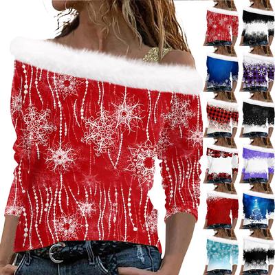 Women's Casual Long Sleeve Slouchy Christmas Printed Plush Fashion Top