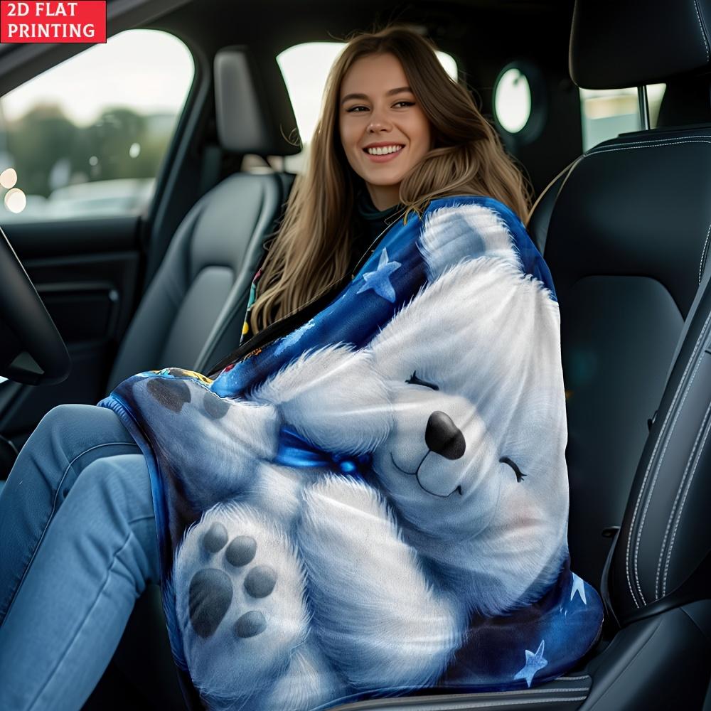 Blue Background Teddy Bear Flannel Blanket Lightweight Digital Print Throw for Sofa Camping Office Bed Winter Warm
