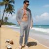 Mens Linen Two Piece Set Long Sleeve Button Down Shirt with Collar and Pocket Relaxed Fit Drawstring Waist Pants Beach Outfit