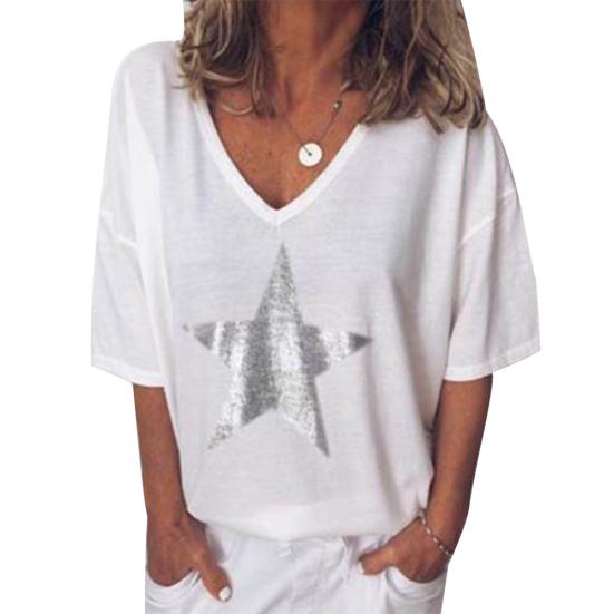 Letní dámské tričko plus size s hvězdicovým výstřihem do V a krátkým rukávem, jednobarevný volný top