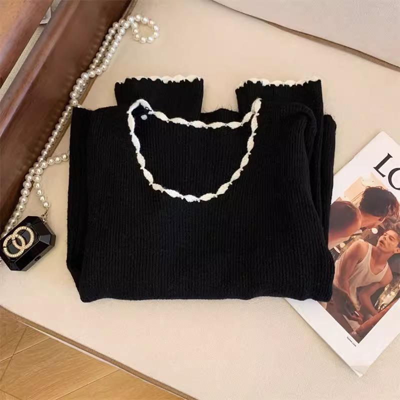 

Spring gray beautiful lace edge slim-fitting long-sleeved knitted sweater women s design sense fashionable backing sweater L чёрный