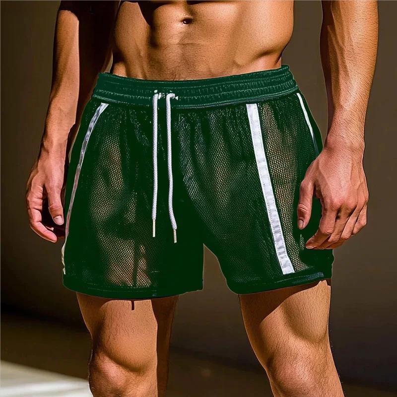 Pantaloncini Estivi Sottili alla Moda da Uomo in Rete Sexy Trasparenti con Strisce a Contrasto Pantaloni Sportivi Casual