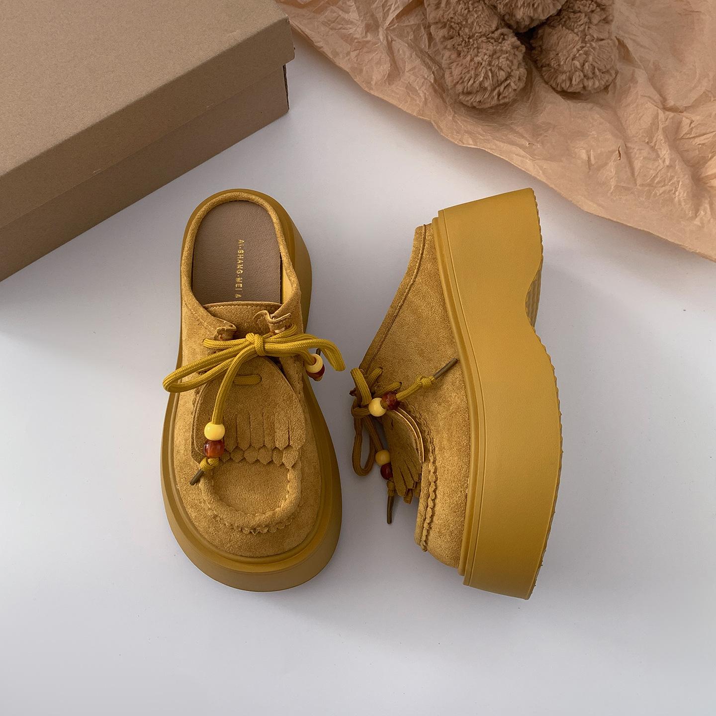 

Queen Fan Yellow Retro Baotou Platform Slippers Women s Summer Wear 2025 New Height Increase Half-drag Birkenstock Shoes 40