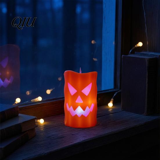 Battery Operated Spooky Candle Flameless Halloween with LED Light, Ghost Face Pumpkin Skull Design 3D Textured Safe Indoor Outdoor