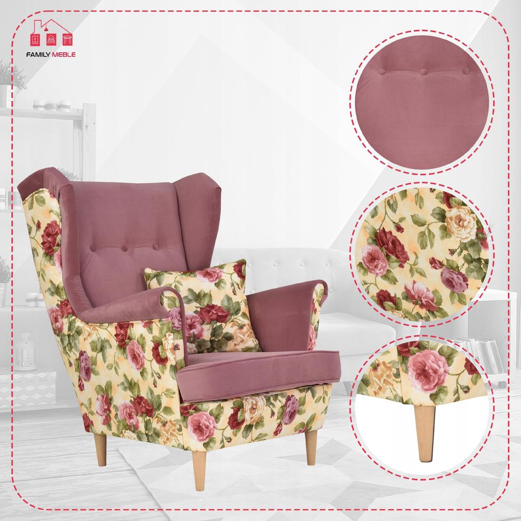Fotel uszak Ari Print Duo skandynawski Family Meble rose róże kwiaty