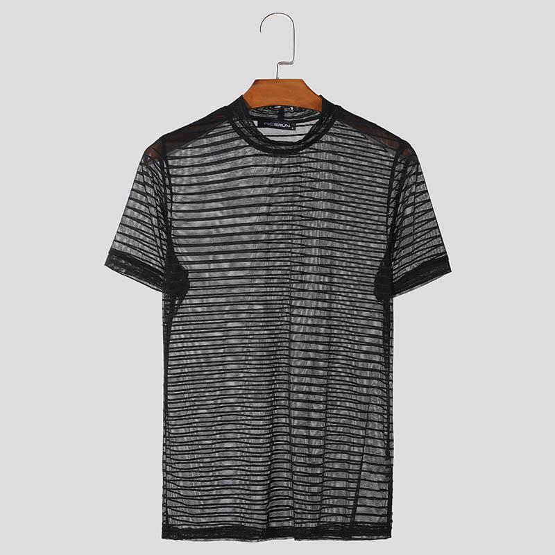 INCERUN Men Round Neck Mesh Striped T Shirts Summer Beach Party Short Sleeve See Through Tops 
