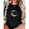 Women's Black Celestial Moon & Stars Print T-Shirt - Golden Night Sky Design with Golden Crescent Moon & Stars, Relaxed Fit Crew Neck Short Sleeve Top
