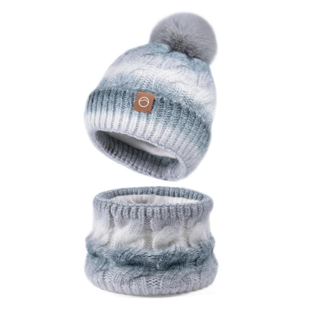 Women's Fashion Contrasting Color Wool Hat And Scarf Two-piece Set: Winter Gradient Pom-pom Knitted Hat, Warm Scarf And Hat Set