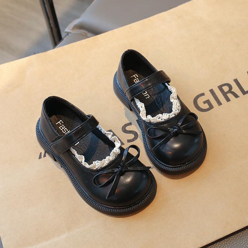

Girls Flat Shoes Round Toes Soft Sole Kids Princess Shoes Lace Simple Bow 2025 Spring Autumn Girls Leather Shoes Non-slip Ins 23 чёрный