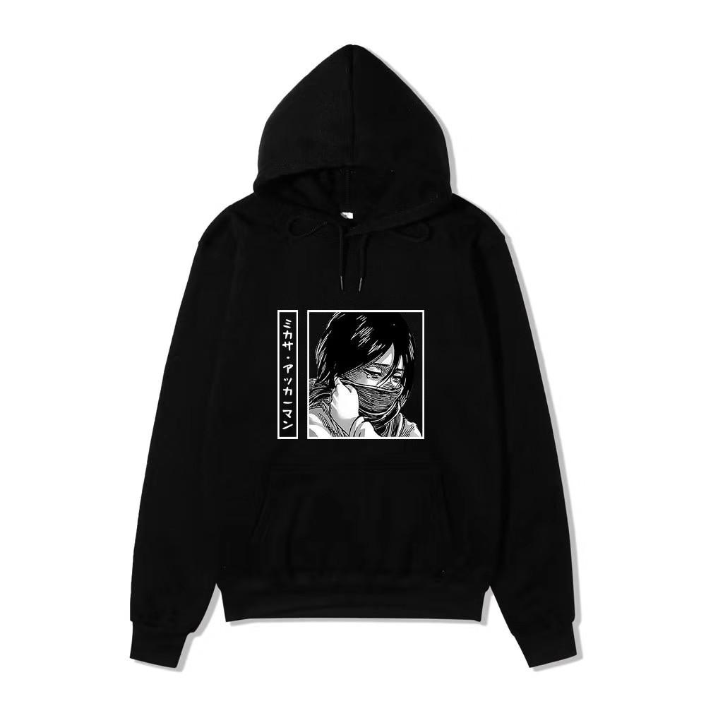 Unisex Attack on Titan Mikasa Ackerman Hoodie, Black White Manga Graphic Print Long Sleeve Pullover Hooded Sweatshirt Streetwear