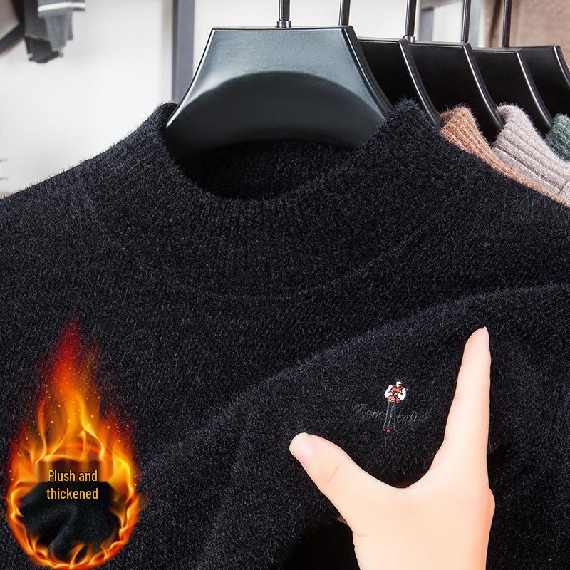 Men s 2025 Winter Fleece Half-High Collar Embroidered Sweater Pullover L чёрный