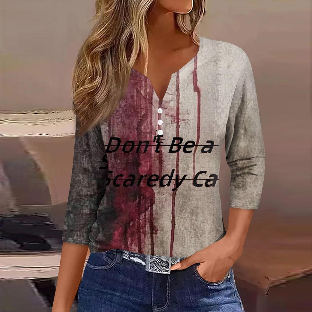 Damenmode Lässig Halloween Bedruckt V-Ausschnitt Kurzarm Dekorativer Knopf Dreiviertelarm T-Shirt Tor