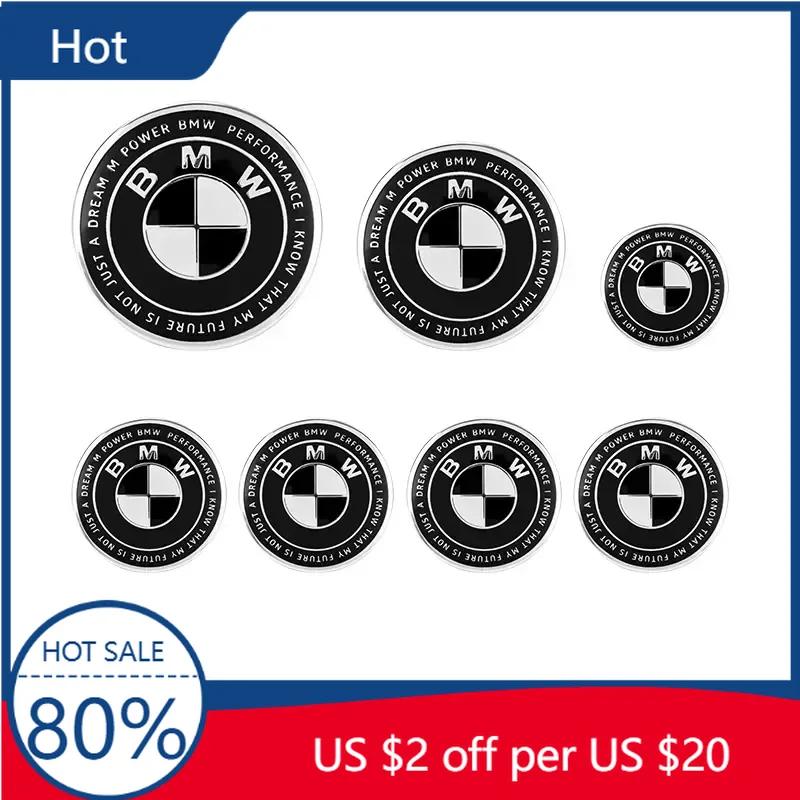 New 7Pcs Front Hood Emblem For BMW 50th Anniversary Logo 82mm+Rear Badge 74mm+Wheel Hub Cap 68mm+Steering Wheel Sticker 45m