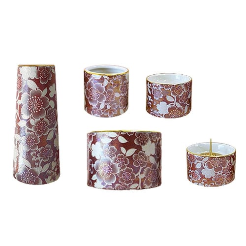 [All Sects] [Made in Japan, Mino Ware] Modern Buddhist Altar Set "Yui Hana" Ceramic, Color: Wine Red, Round Incense Burner, 5-Piece Set: Flower Vase,