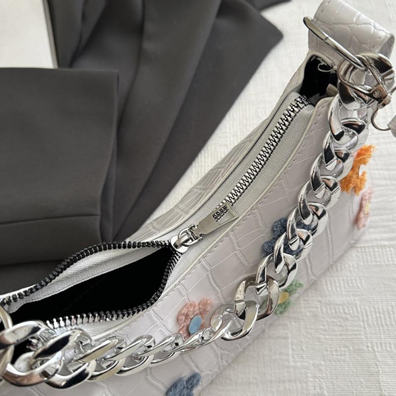 New Crocodile Pattern French Toast Bag Fashion Flower Embroidery Chain Shoulder Bag Women's Shoulder Cross-Body Bag AVE