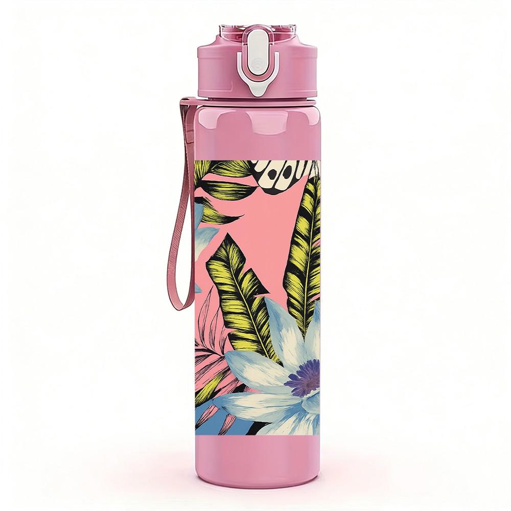 1PC Tropical Leaf Flower Pattern 750ml Color Plastic Sports Water Bottle Leakproof Flip Straw Lid Suitable for Sports Office Home Use